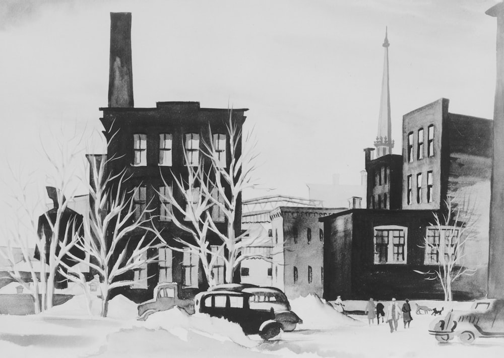 a black and white drawing of a city street
