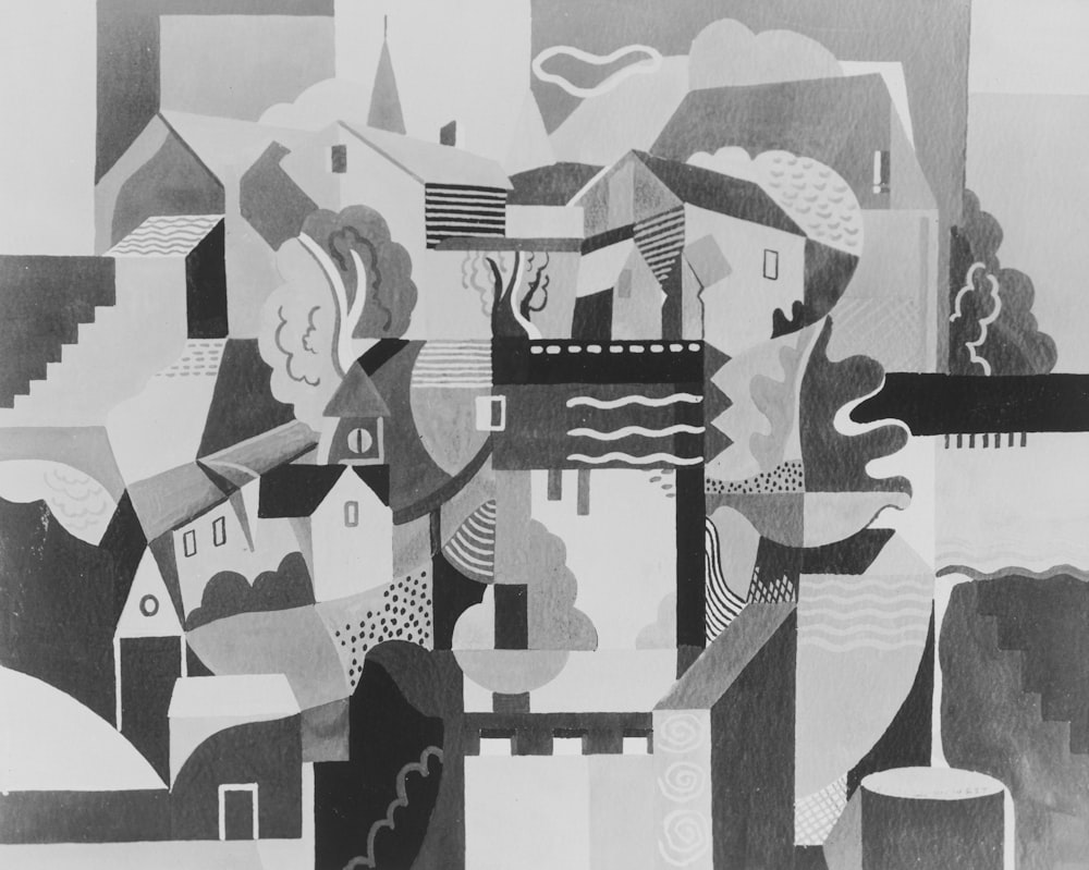 a black and white painting of a city
