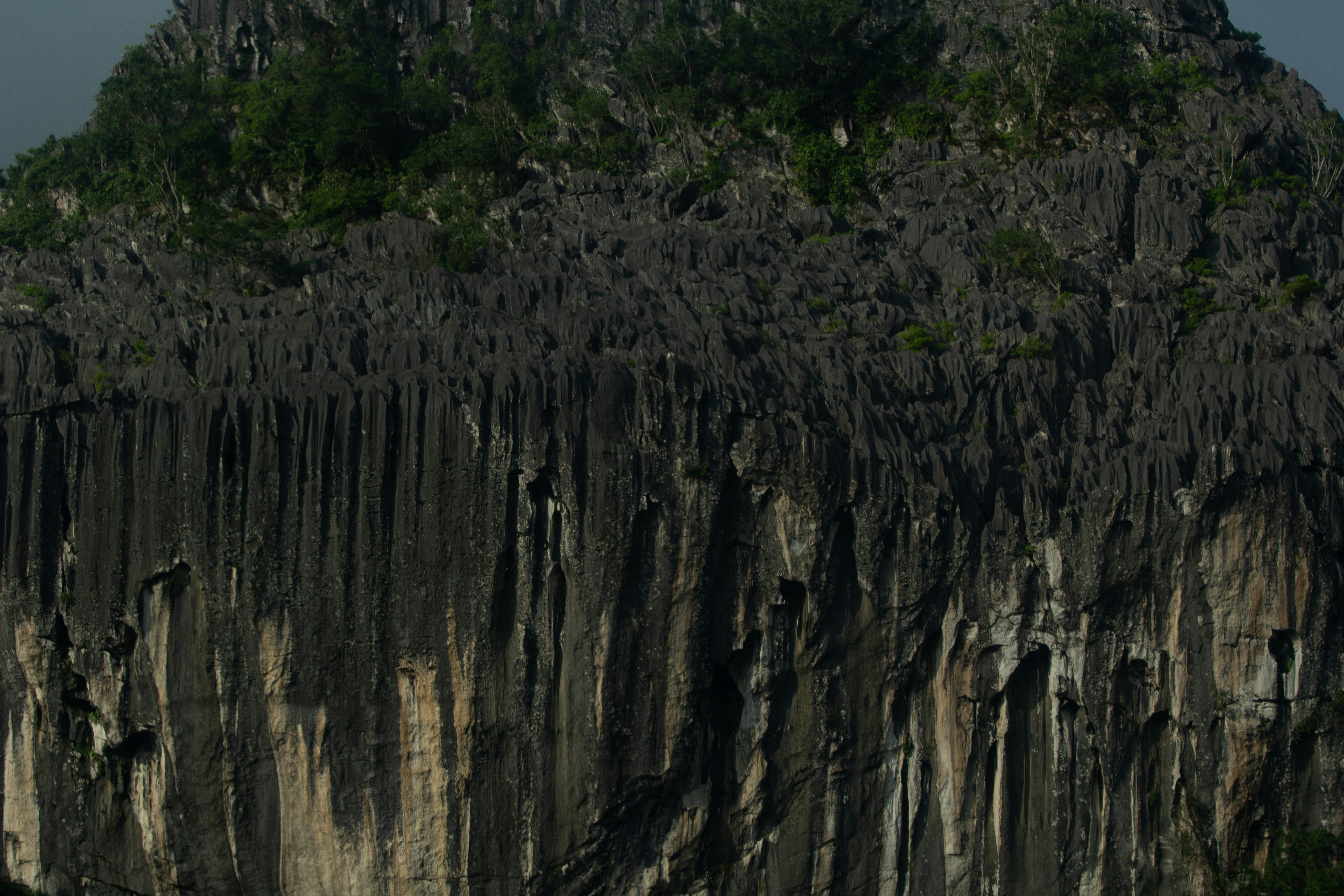 a large rock formation with a mountain in the background