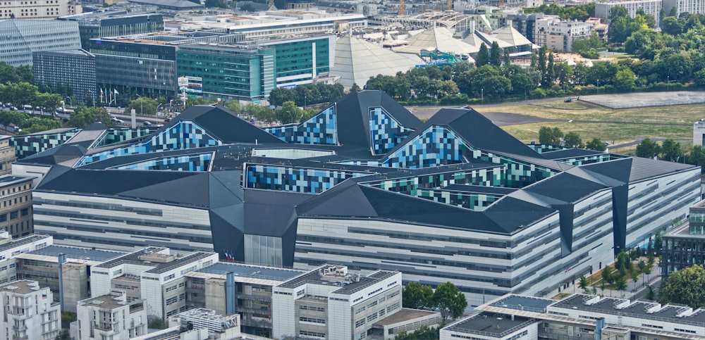 an aerial view of a large building with many windows