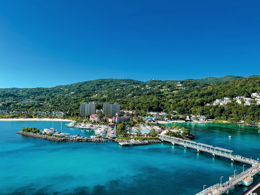 an aerial view of a harbor and a bridge