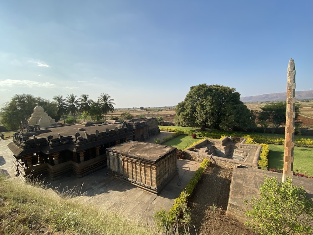 an aerial view of a building in a rural area