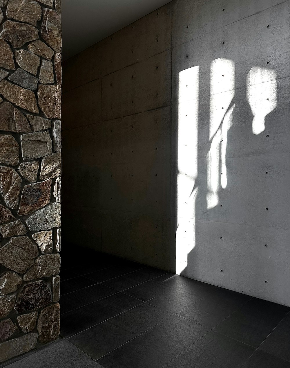 a shadow of a person standing in front of a stone wall