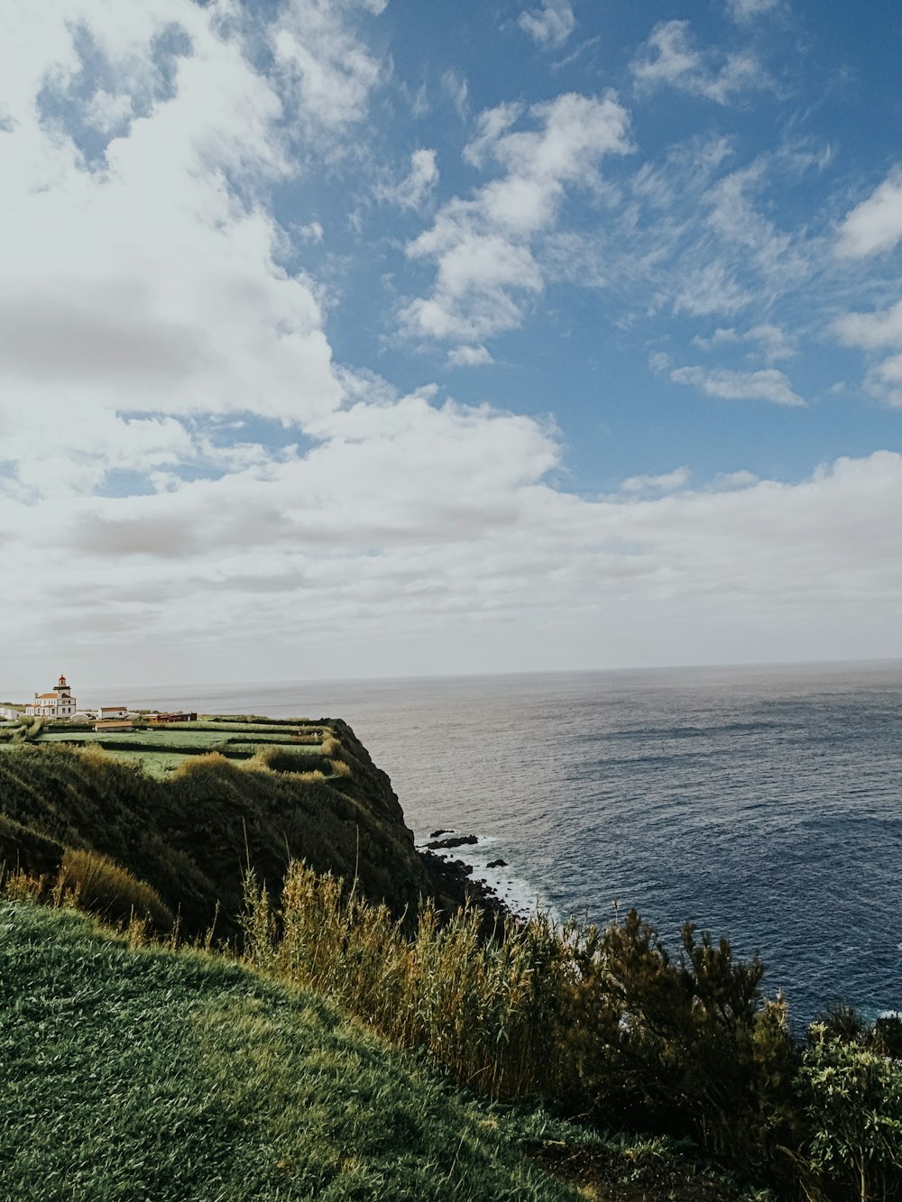 a view of the ocean from a grassy hill