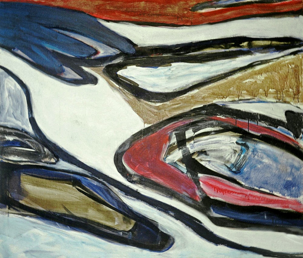 a painting of a red, white, and blue boat