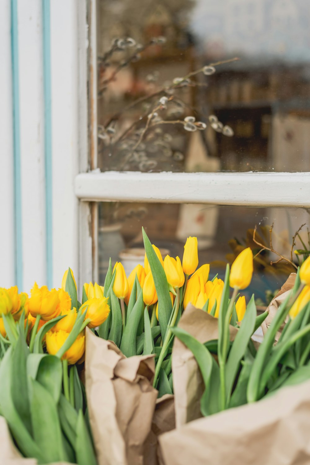 a bunch of yellow tulips sitting in front of a window