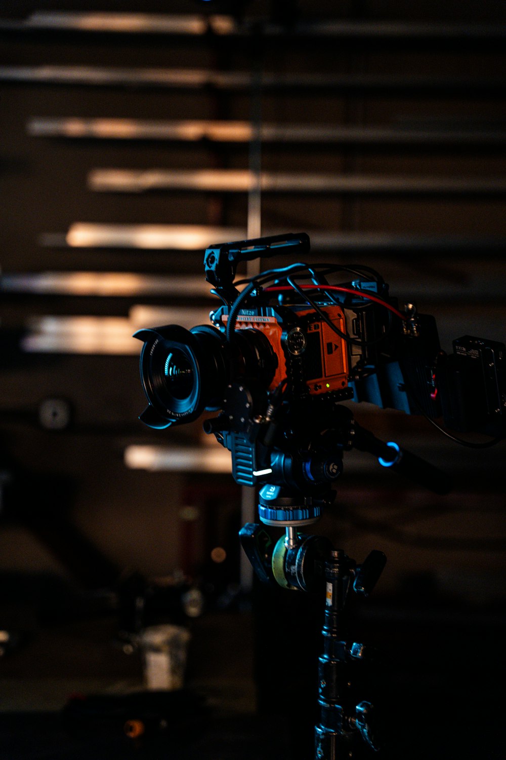 a camera set up in a dark room