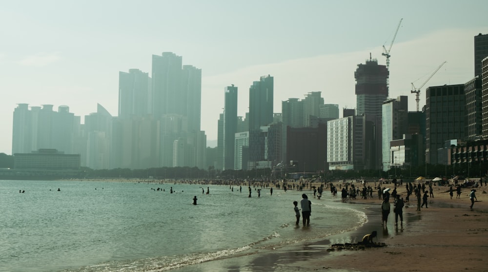 un groupe de personnes debout au sommet d’une plage de sable