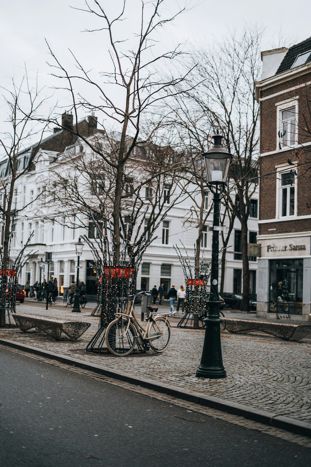 a bike parked on the side of a street