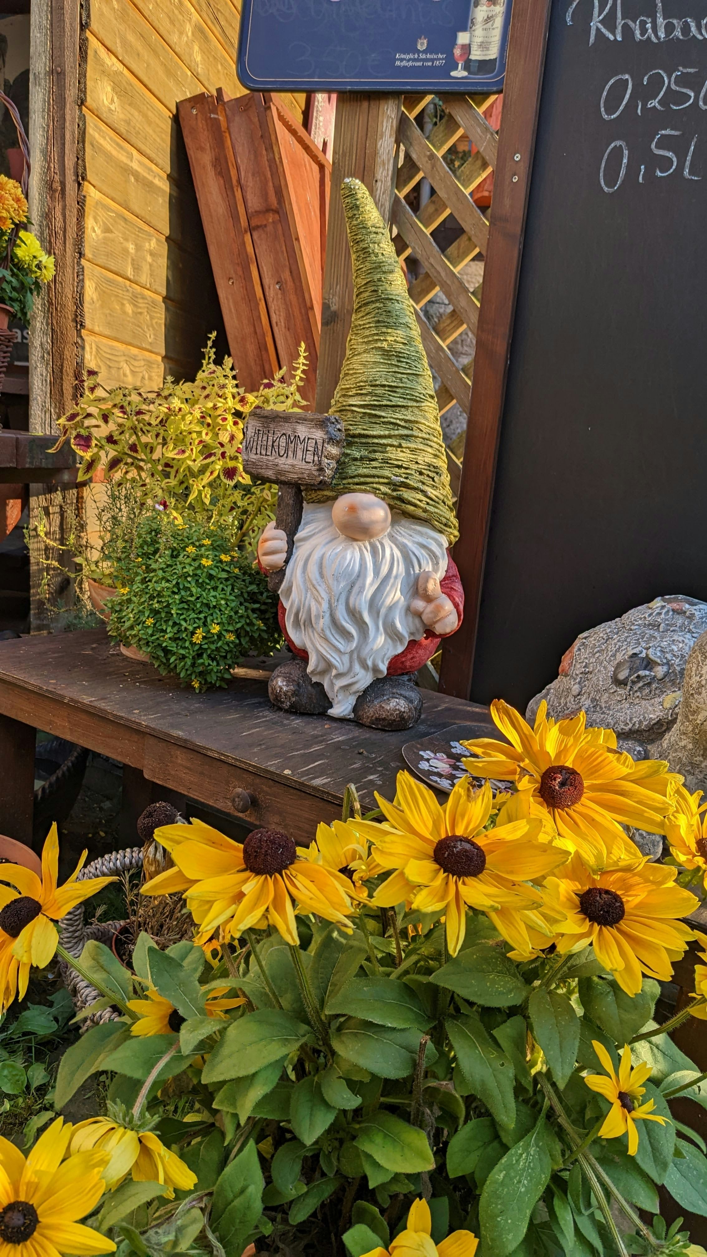 Ein Gartenzwerg sitzt auf einer Bank, umgeben von Sonnenblumen