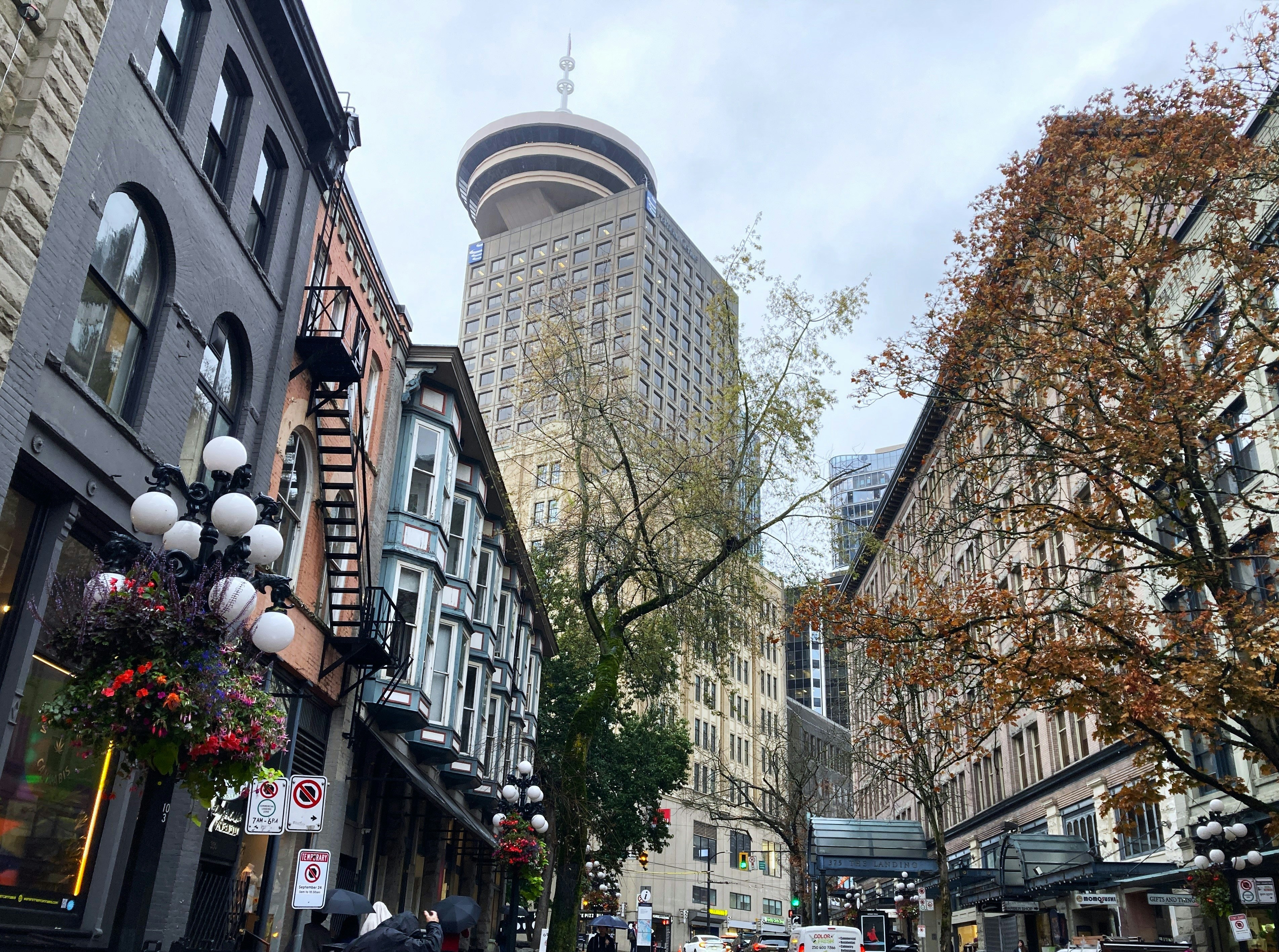 Una calle de la ciudad bordeada de edificios altos y árboles