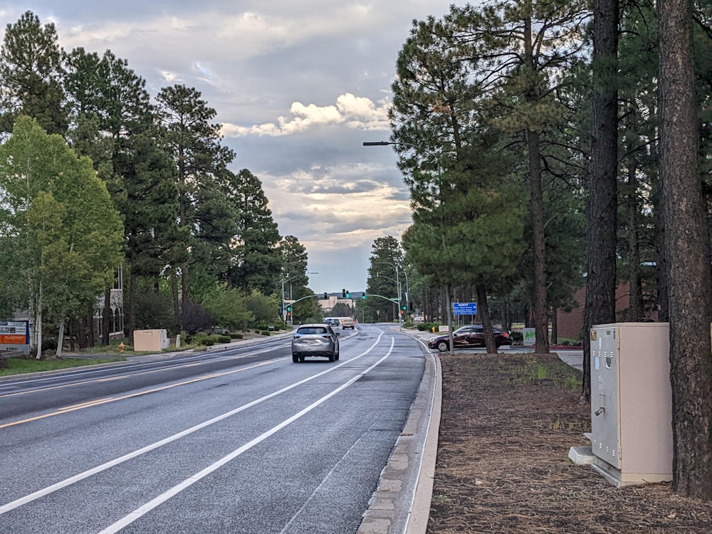 a car driving down a street next to a forest