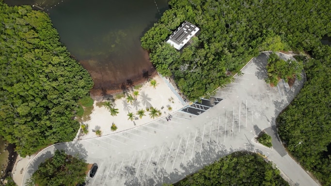 an aerial view of a walkway surrounded by trees