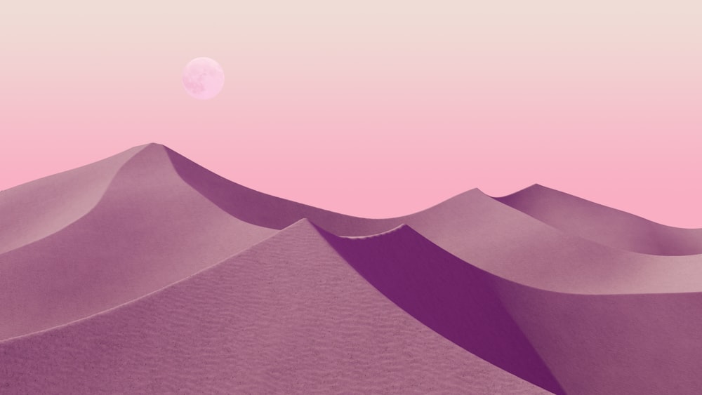 a desert landscape with a pink sky and a pink moon