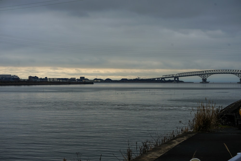 un pont au-dessus d’un plan d’eau sous un ciel nuageux