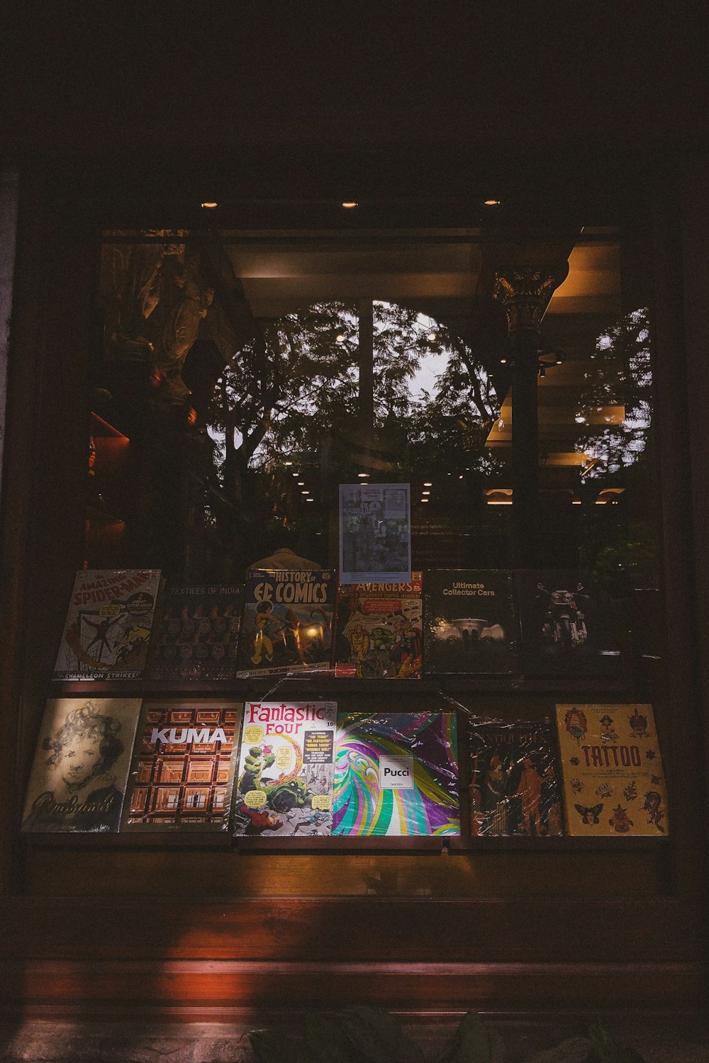 a window with a bunch of books in it