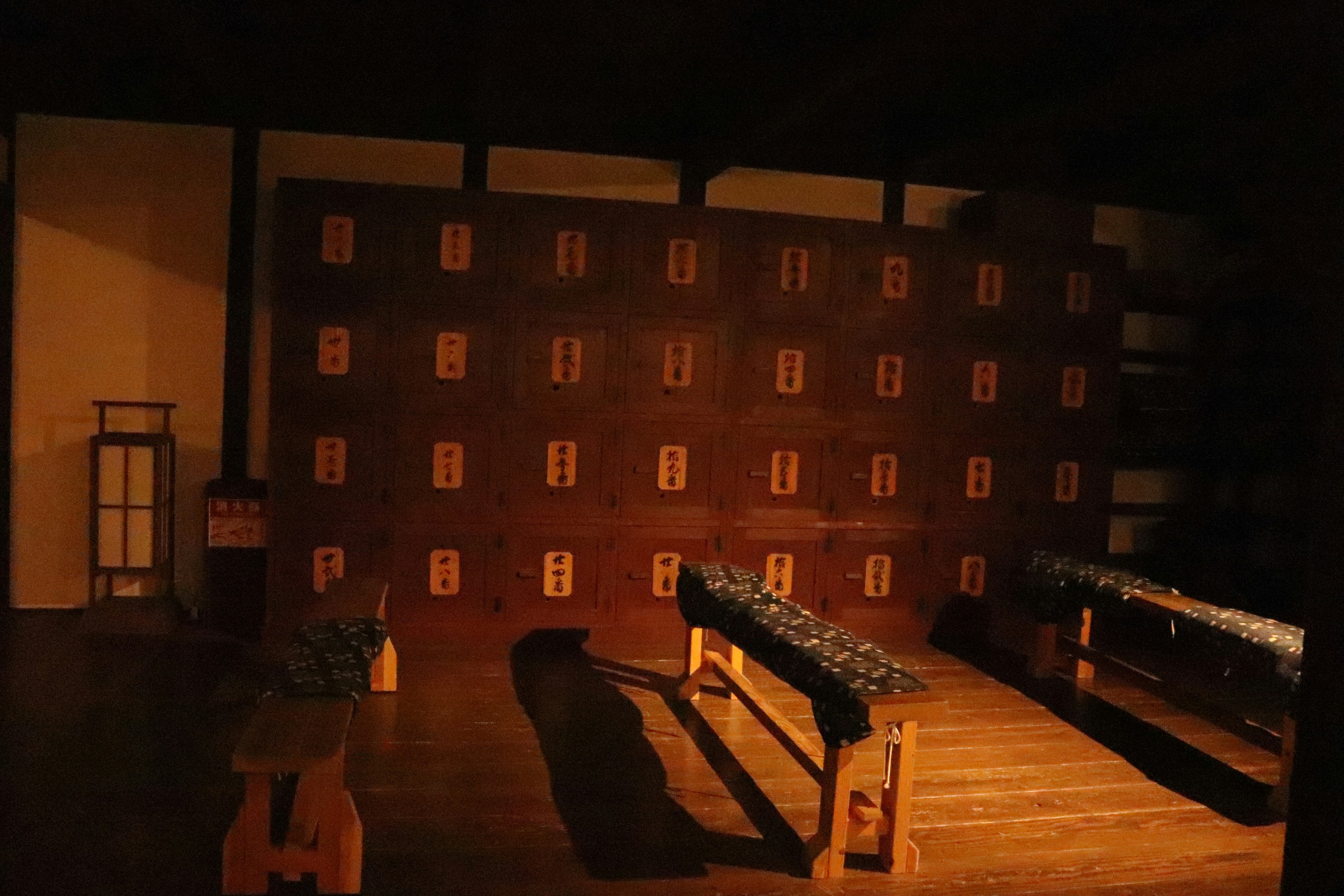 a stage with benches in the middle of it, 