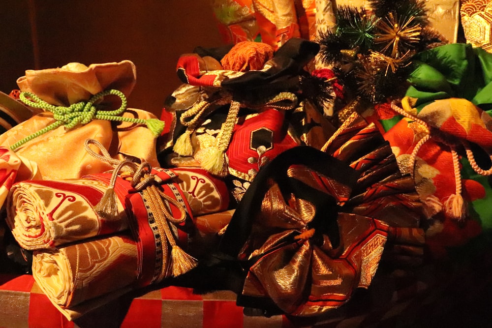 a pile of cloths sitting on top of a table