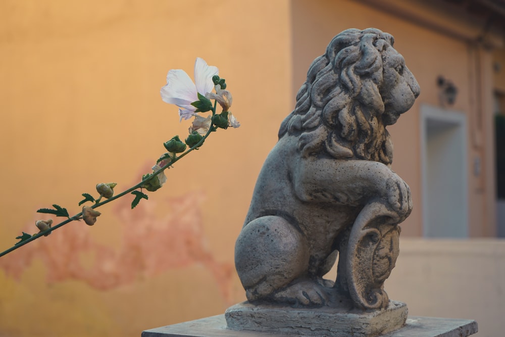 a statue of a lion sitting next to a flower