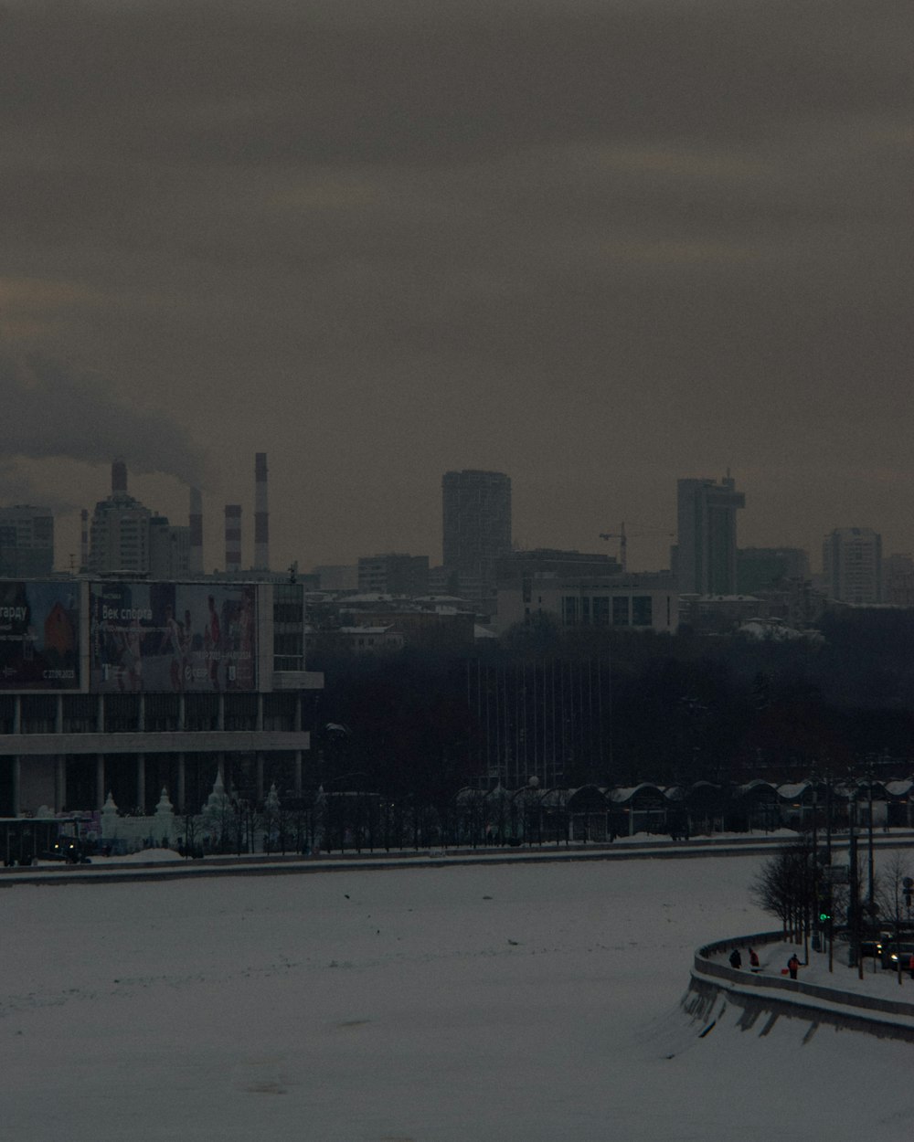 a view of a city from across a snowy field