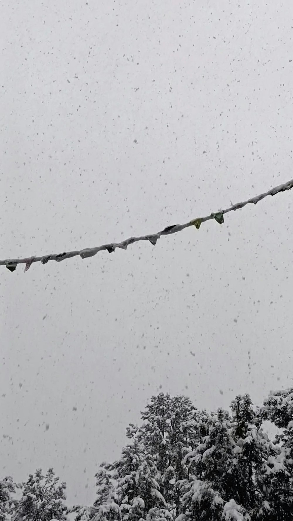 a long line of clothes hanging from a line in the snow