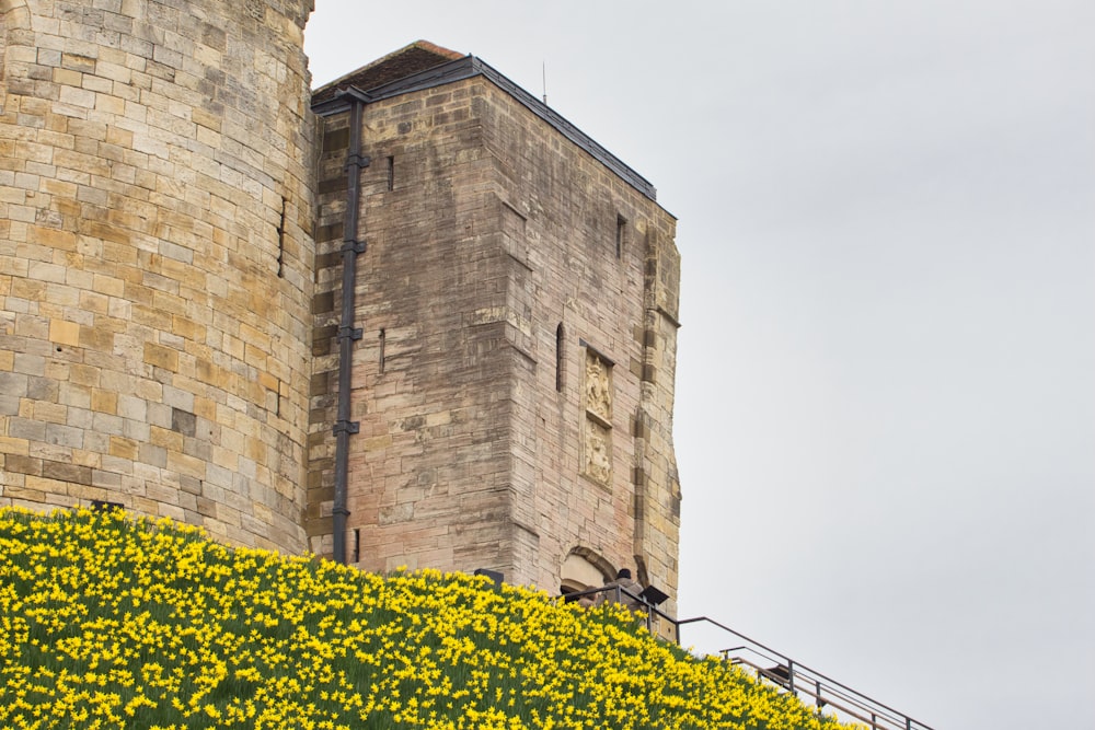 a very tall brick tower with a clock on it's side