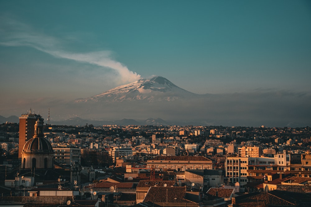 a view of a city with a mountain in the background