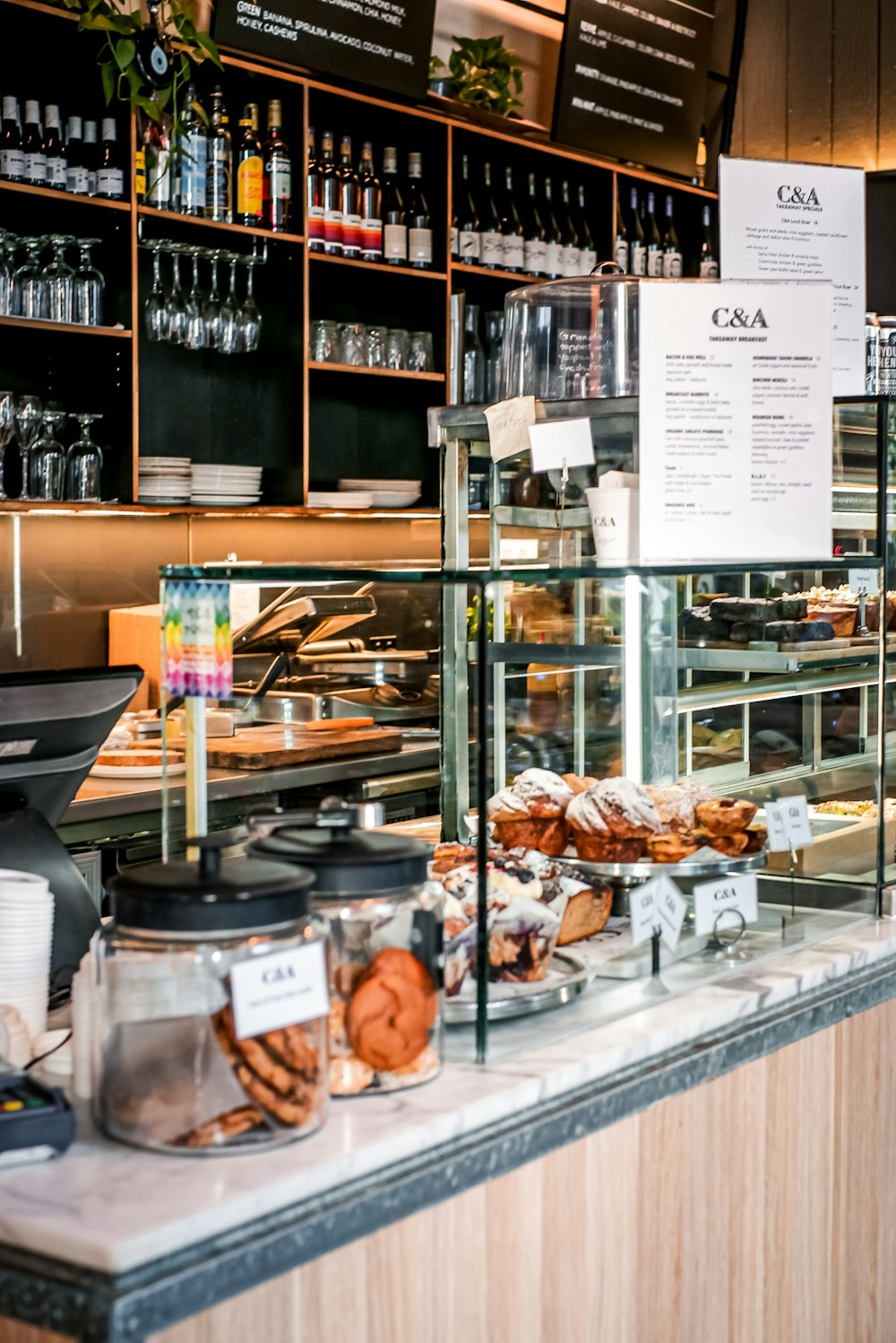 a counter with a bunch of food on it