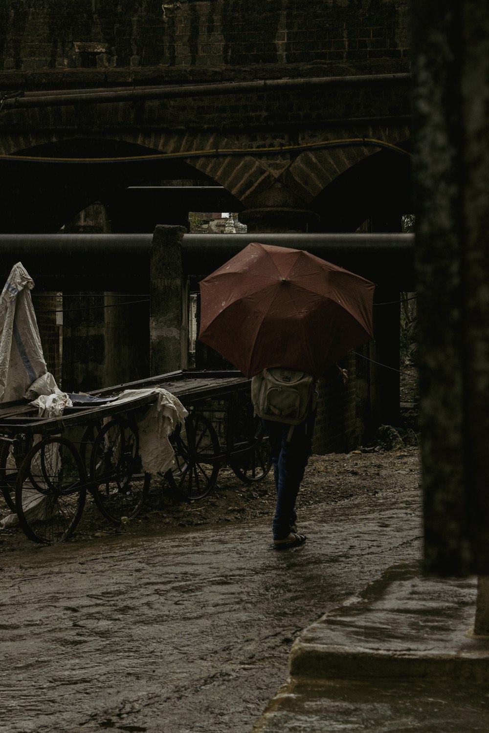 a person walking down a street with an umbrella