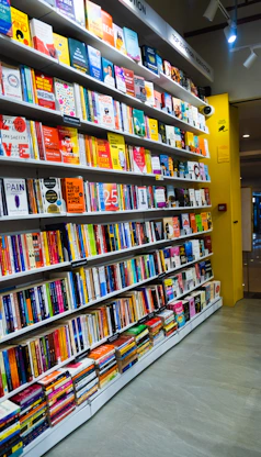 a bookshelf filled with lots of colorful books