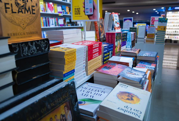Tables piled with books in a bookshop