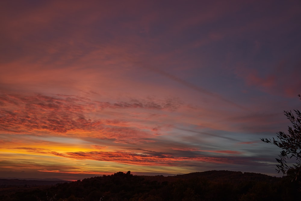 a sunset with clouds and trees in the foreground