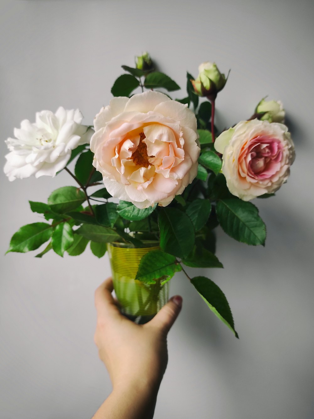 a person holding a vase with flowers in it