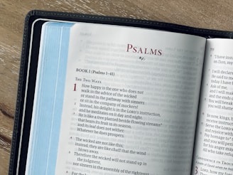 an open bible on a wooden table