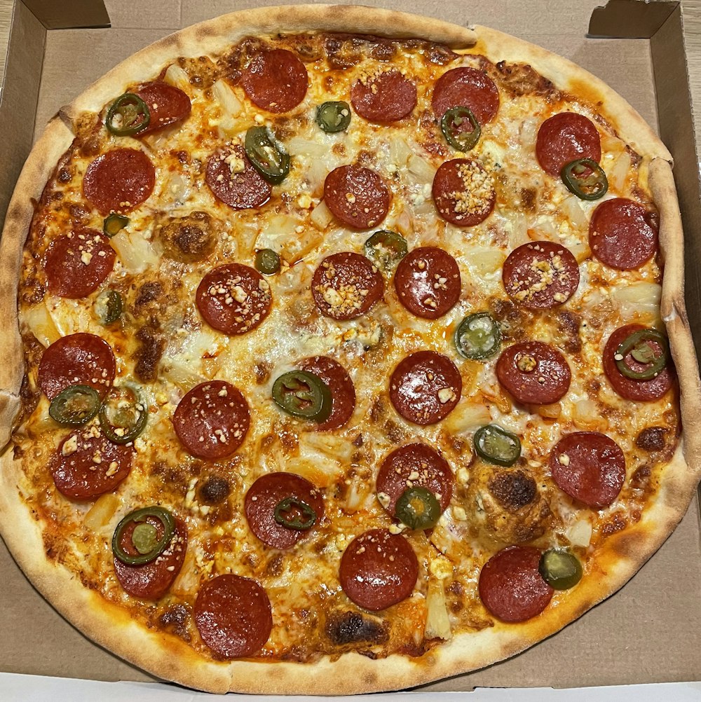 a large pepperoni pizza in a box on a table