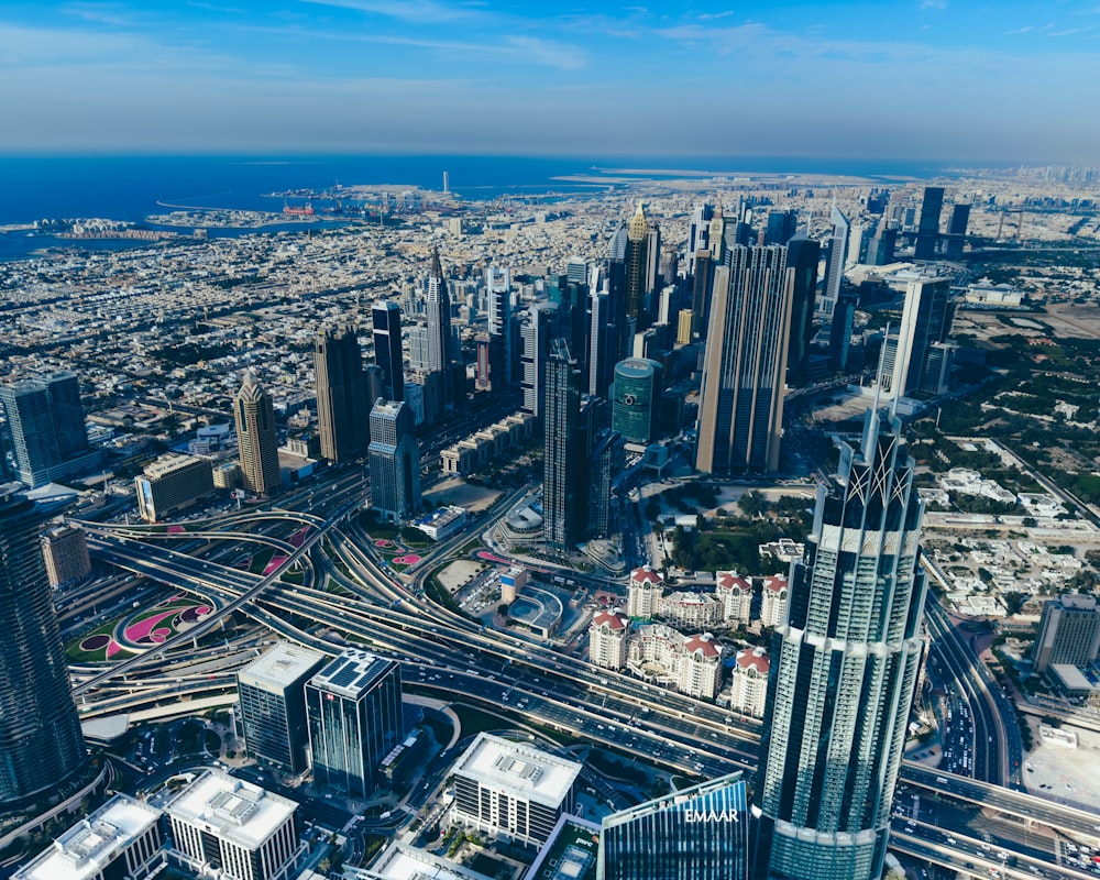 an aerial view of a large city with tall buildings