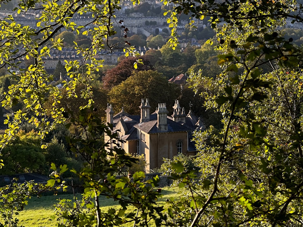 a large building surrounded by trees in a field