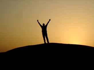a person standing on top of a hill with their arms in the air