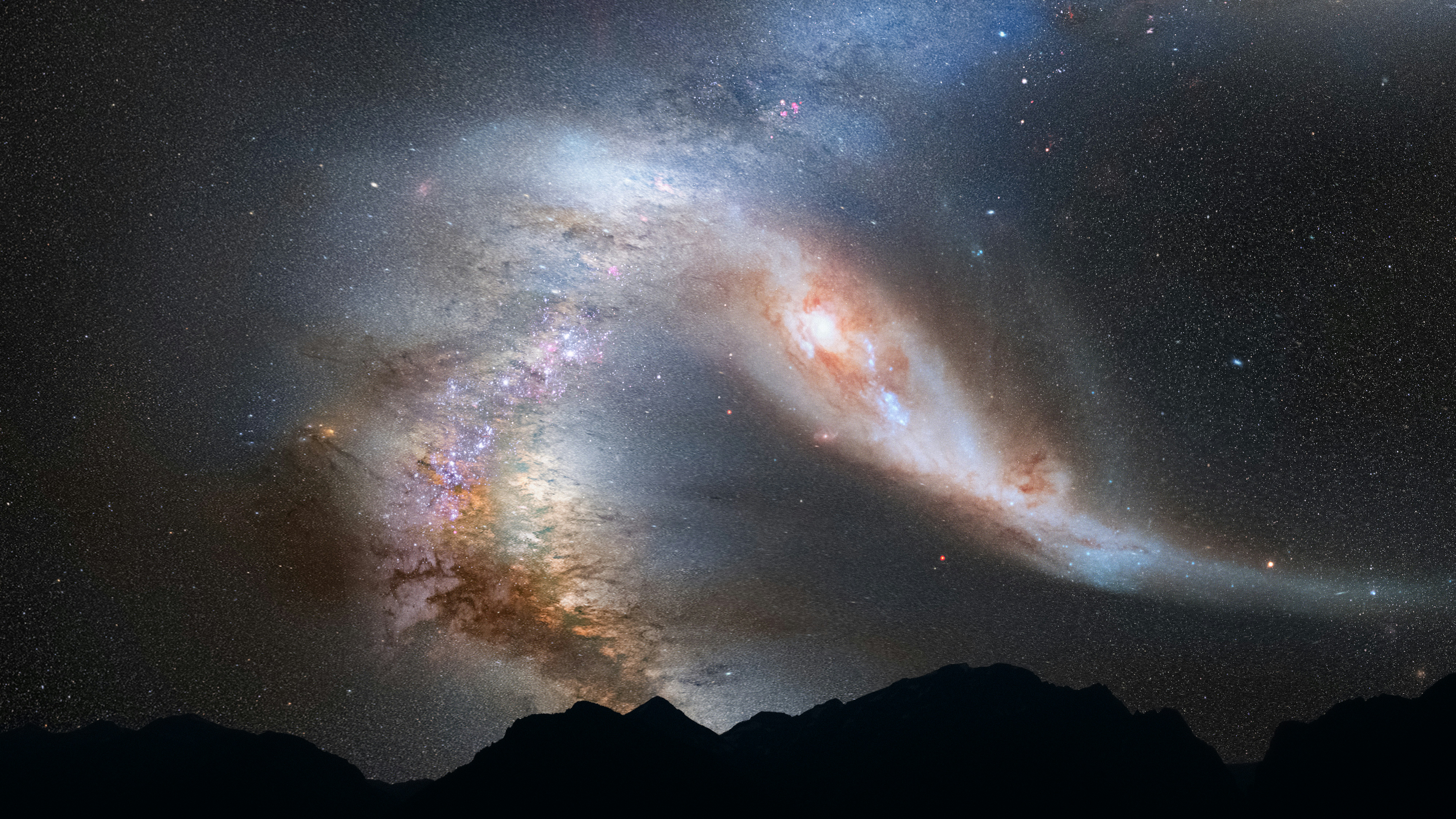 Crash of the Titans: Andromeda Galaxy and the Milky Way Collision Caption This photo illustration depicts a view of the night sky just before the predicted merger between our Milky Way galaxy and the neighboring Andromeda galaxy. Credits Science Illustration: NASA, ESA, Z. Levay and R. van der Marel (STScI), and A. Mellinger