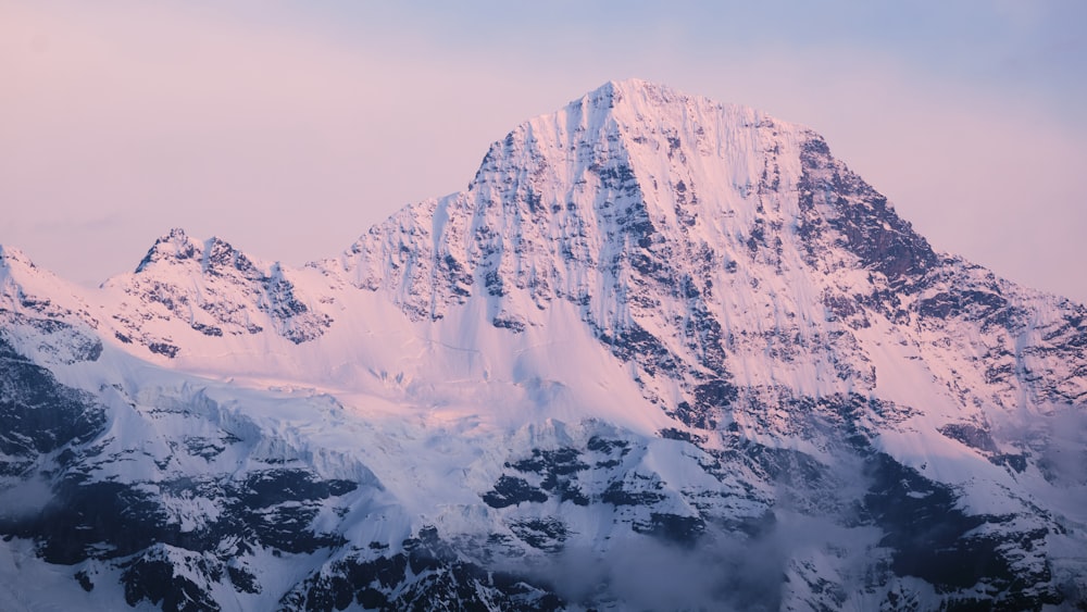 a snow covered mountain with a bird flying over it