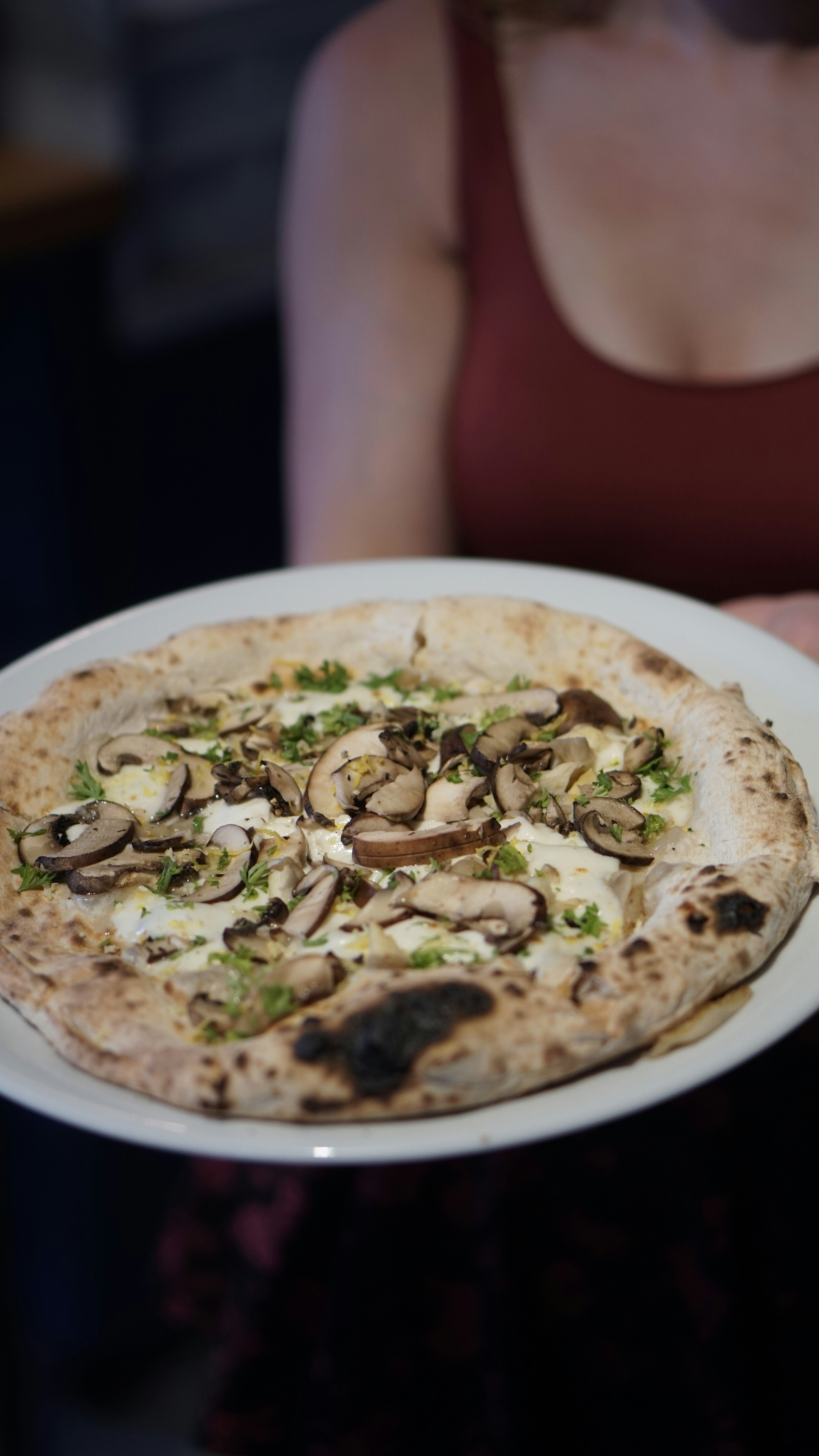 a person holding a plate with a pizza on it