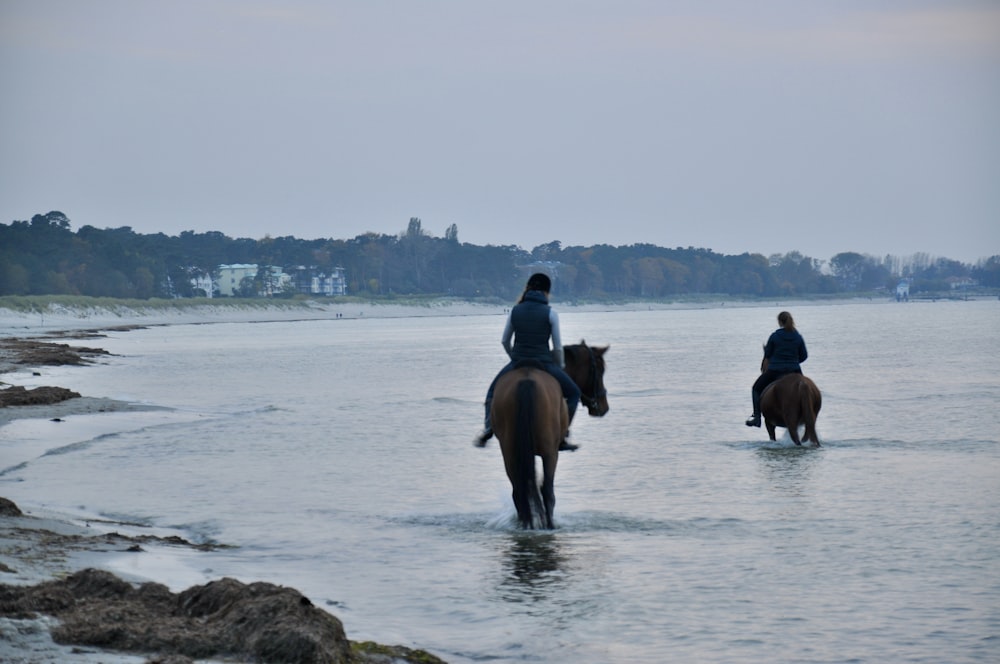 two people are riding horses through the water