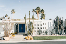 a white house with a cactus garden in front of it