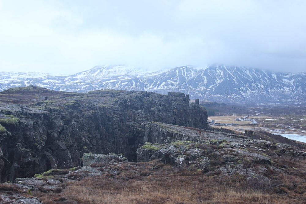 a mountain range with snow covered mountains in the background