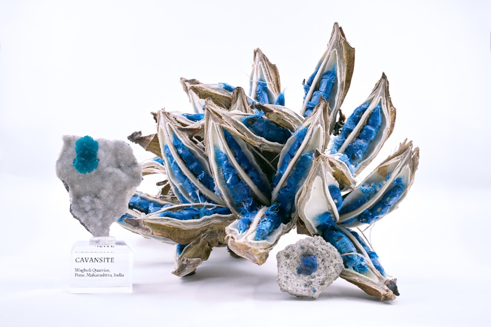 a group of blue and white objects sitting on top of a table