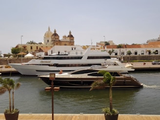 a large white boat in the water next to a dock
