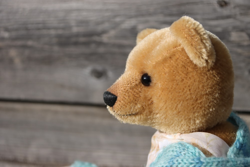 a brown teddy bear wearing a blue sweater