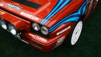 a close up of a red car on a field of grass