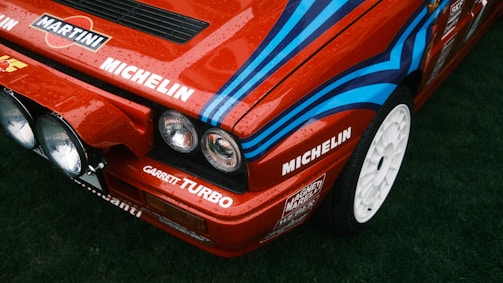 a close up of a red car on a field of grass