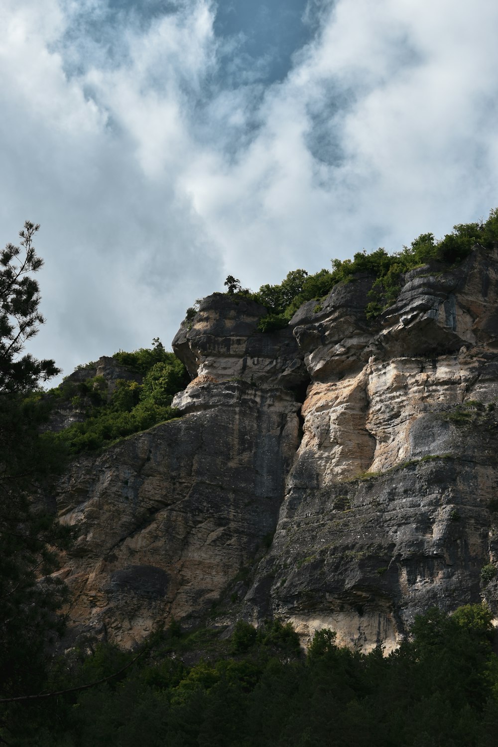 a very tall mountain with some trees on top of it